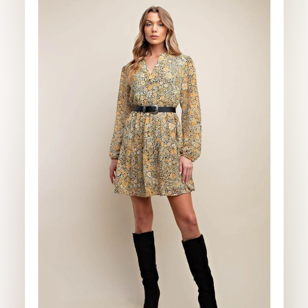 Kori Floral Boho Gold Button-Down Women's Dress w pockets large